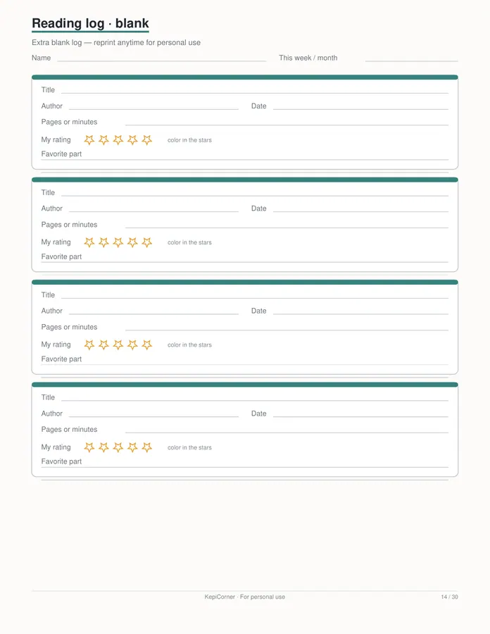 Kids Reading Log printable – page 14 of 30, rendered from Kids-Reading-Log-Book-Tracker-Letter.pdf
