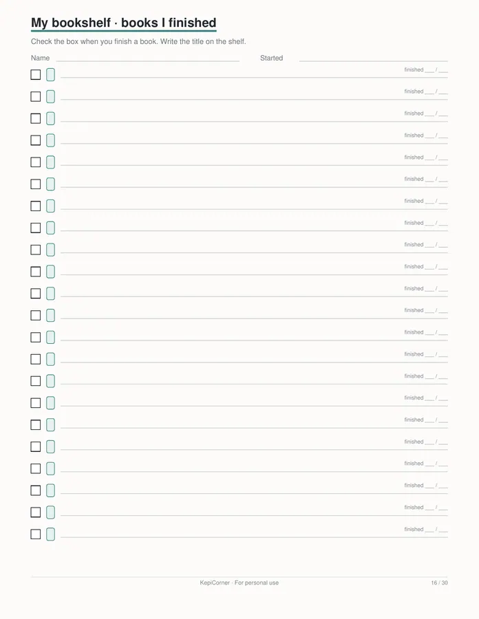 Kids Reading Log printable – page 16 of 30, rendered from Kids-Reading-Log-Book-Tracker-Letter.pdf