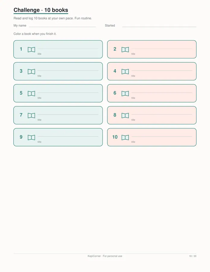 Kids Reading Log printable – page 18 of 30, rendered from Kids-Reading-Log-Book-Tracker-Letter.pdf
