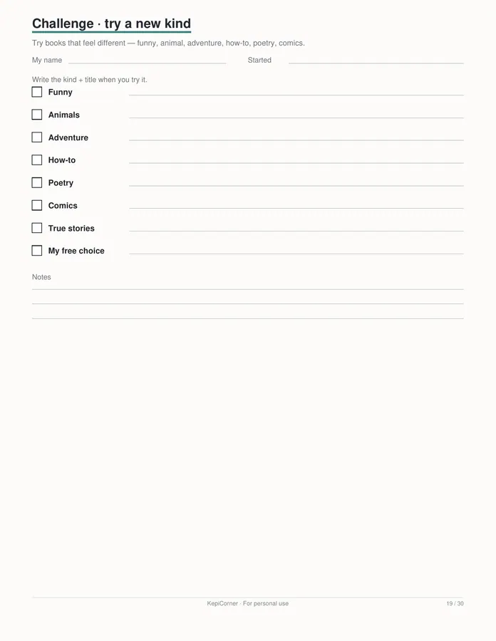 Kids Reading Log printable – page 19 of 30, rendered from Kids-Reading-Log-Book-Tracker-Letter.pdf