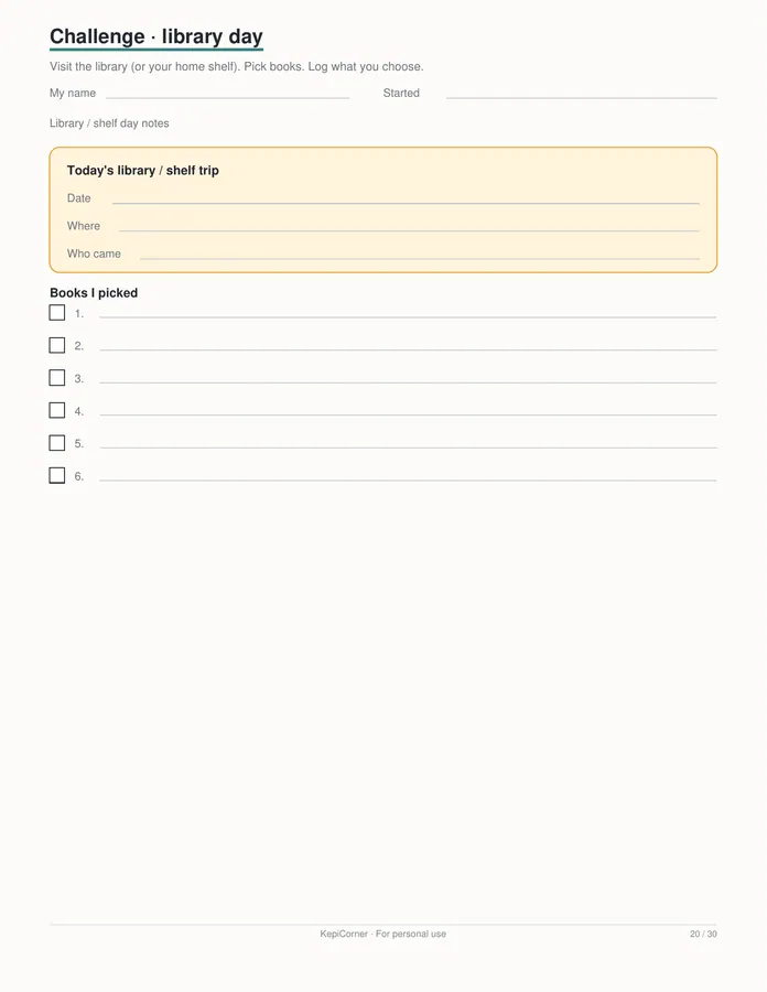 Kids Reading Log printable – page 20 of 30, rendered from Kids-Reading-Log-Book-Tracker-Letter.pdf