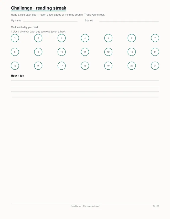 Kids Reading Log printable – page 21 of 30, rendered from Kids-Reading-Log-Book-Tracker-Letter.pdf