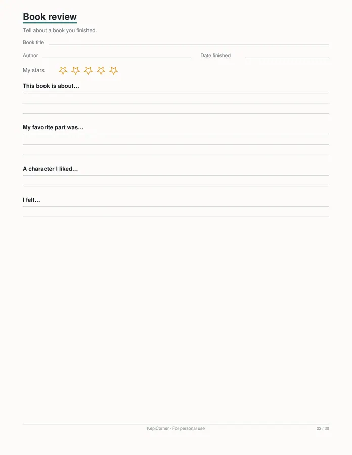 Kids Reading Log printable – page 22 of 30, rendered from Kids-Reading-Log-Book-Tracker-Letter.pdf