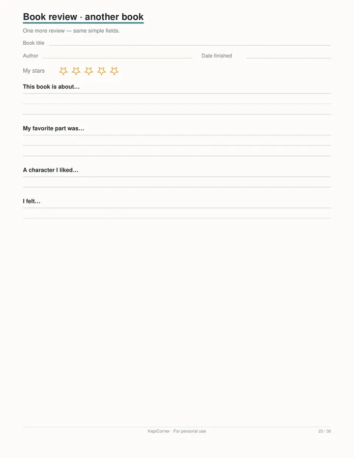 Kids Reading Log printable – page 23 of 30, rendered from Kids-Reading-Log-Book-Tracker-Letter.pdf