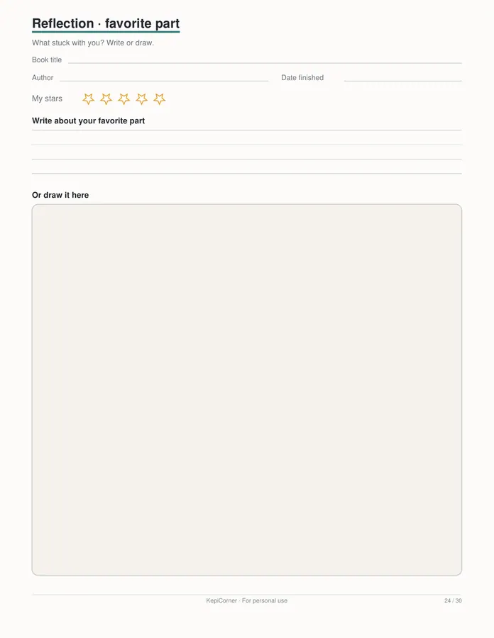 Kids Reading Log printable – page 24 of 30, rendered from Kids-Reading-Log-Book-Tracker-Letter.pdf