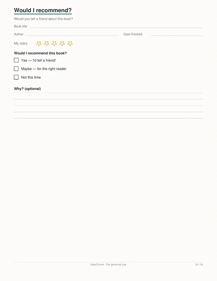 Kids Reading Log printable – page 25 of 30, rendered from Kids-Reading-Log-Book-Tracker-Letter.pdf