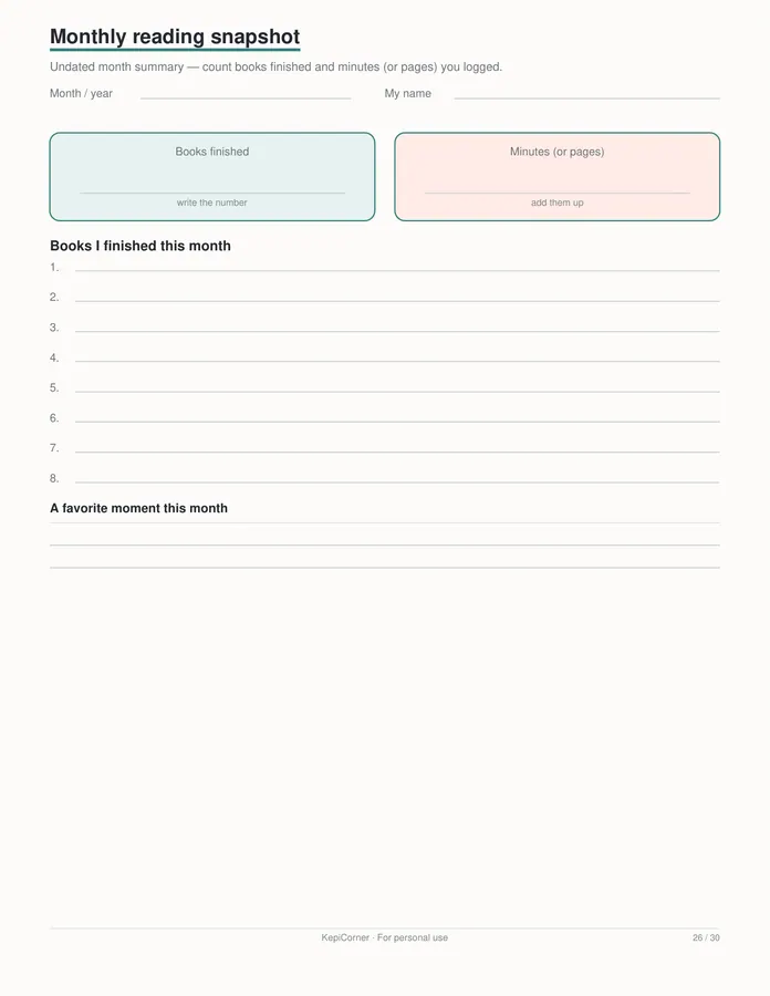 Kids Reading Log printable – page 26 of 30, rendered from Kids-Reading-Log-Book-Tracker-Letter.pdf