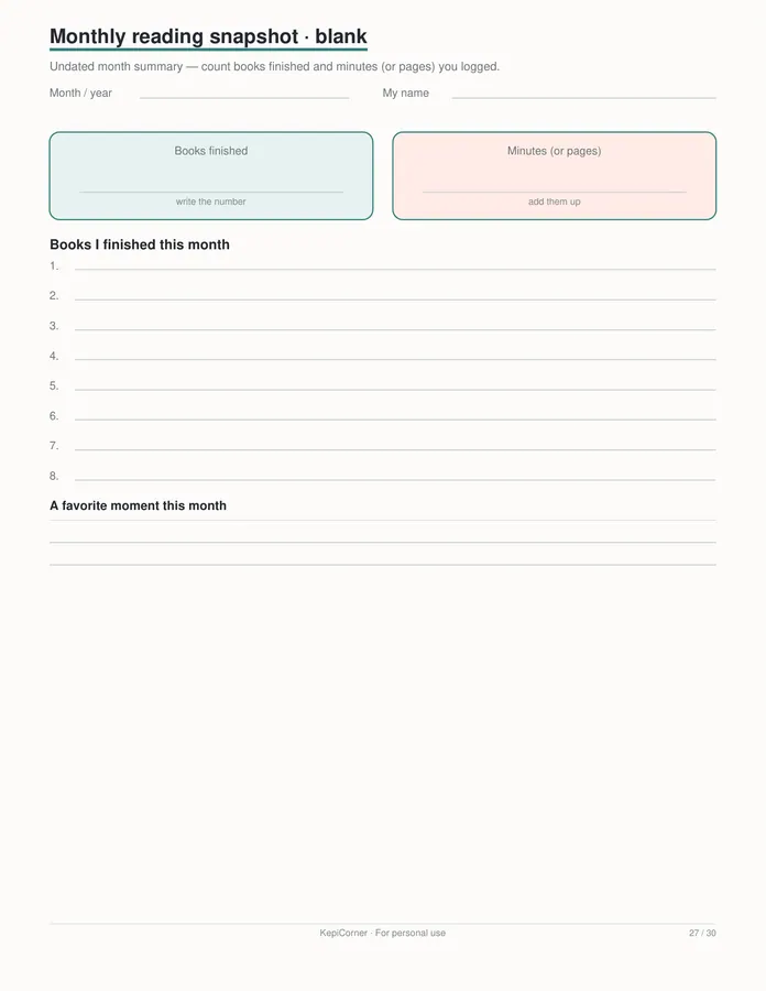 Kids Reading Log printable – page 27 of 30, rendered from Kids-Reading-Log-Book-Tracker-Letter.pdf