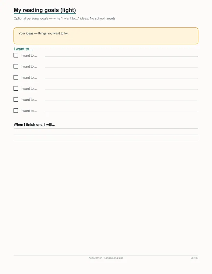 Kids Reading Log printable – page 28 of 30, rendered from Kids-Reading-Log-Book-Tracker-Letter.pdf