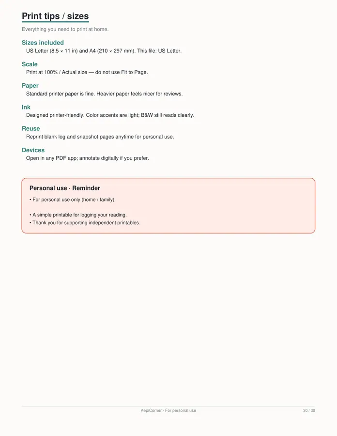 Kids Reading Log printable – page 30 of 30, rendered from Kids-Reading-Log-Book-Tracker-Letter.pdf