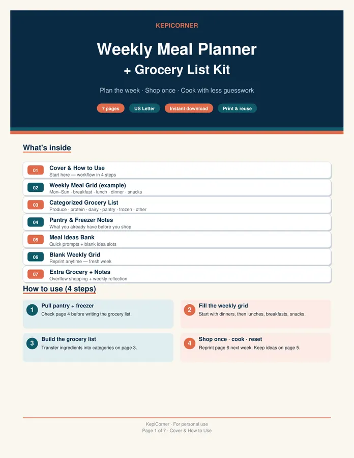 Weekly Meal Planner & Grocery List printable – page 1 of 7, rendered from Weekly-Meal-Planner-Grocery-Kit.pdf