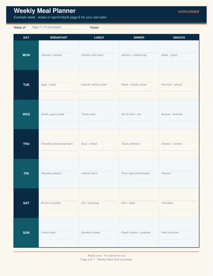 Weekly Meal Planner & Grocery List printable – page 2 of 7, rendered from Weekly-Meal-Planner-Grocery-Kit.pdf