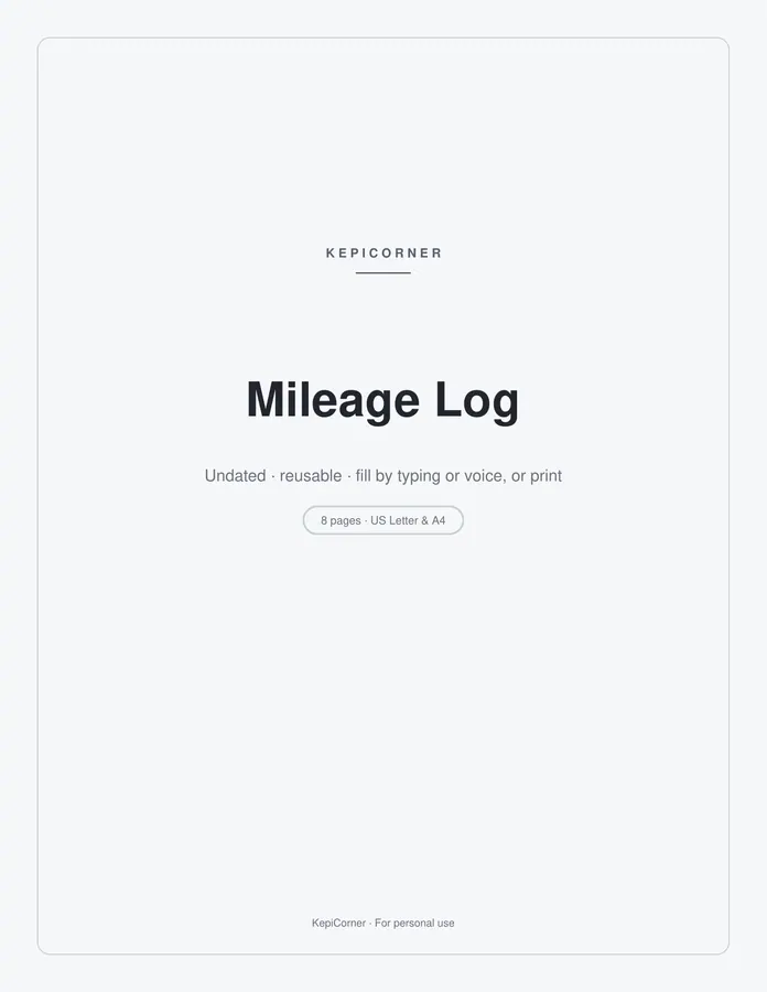 Mileage Log printable – page 1 of 8, rendered from Mileage-Log-Letter.pdf