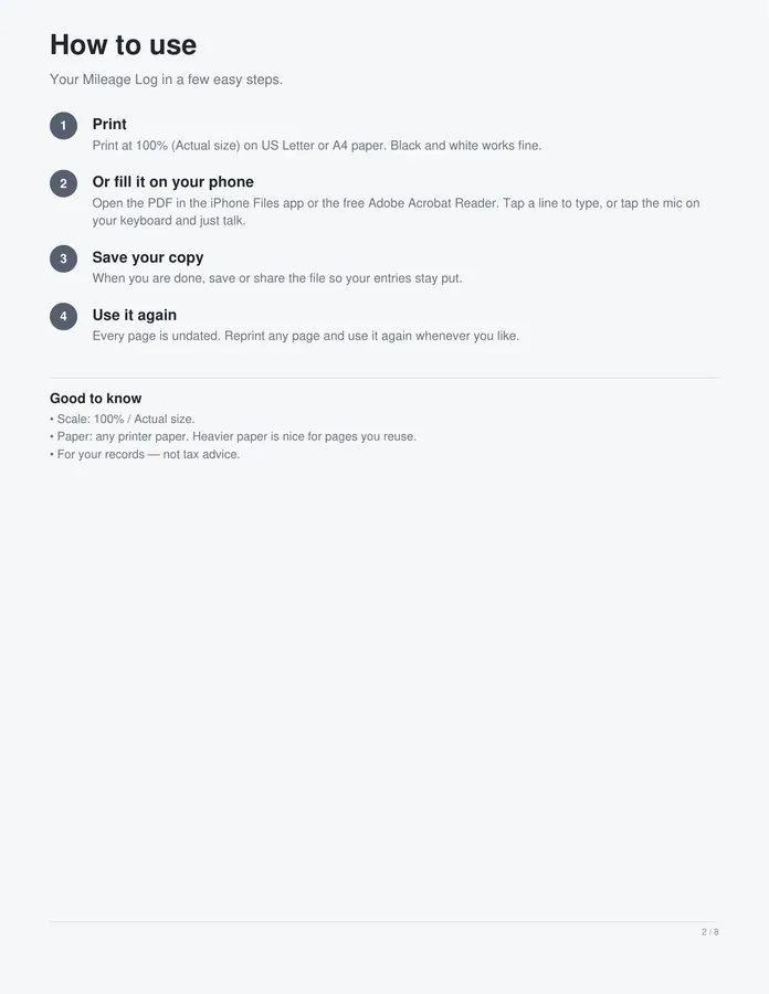 Mileage Log printable – page 2 of 8, rendered from Mileage-Log-Letter.pdf