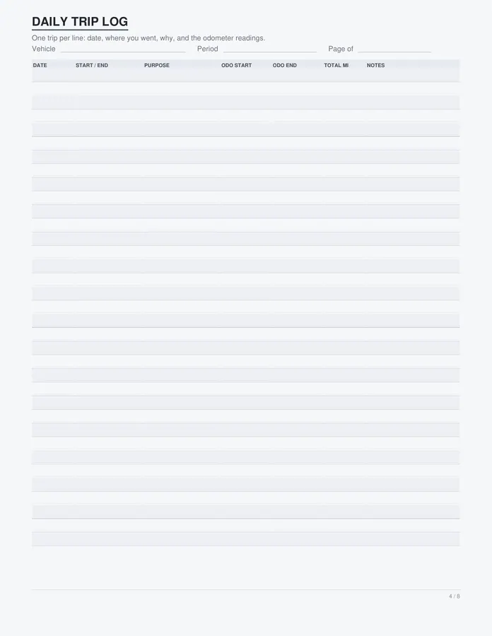 Mileage Log printable – page 4 of 8, rendered from Mileage-Log-Letter.pdf