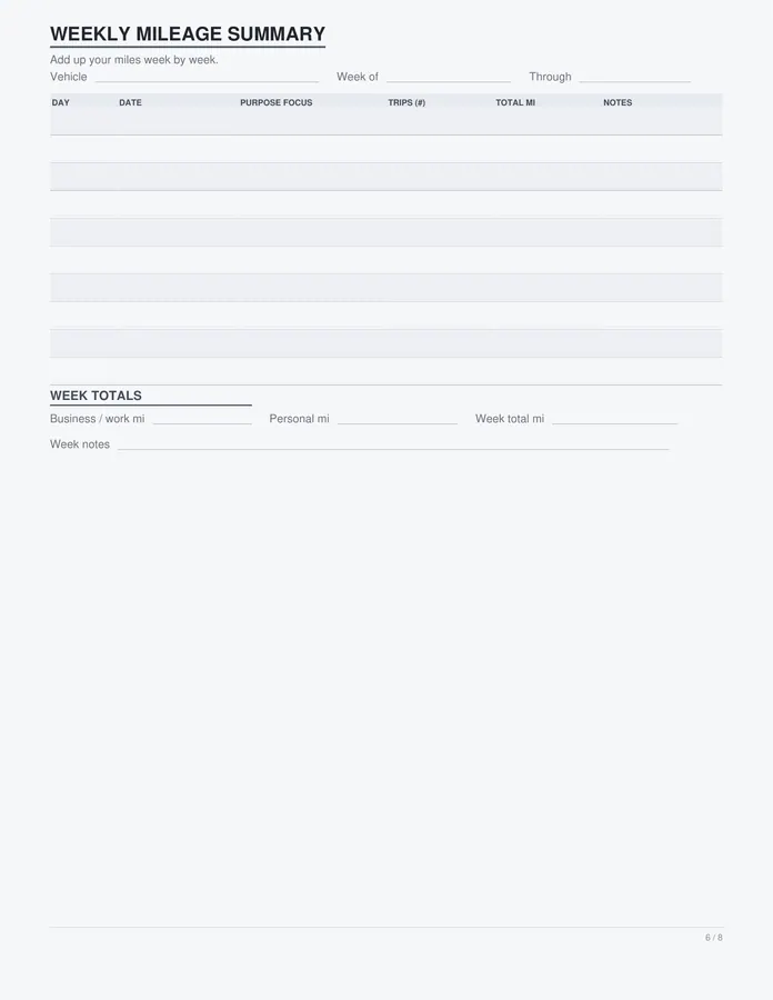Mileage Log printable – page 6 of 8, rendered from Mileage-Log-Letter.pdf