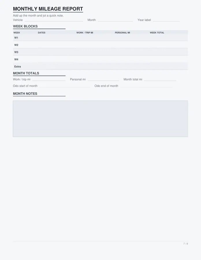 Mileage Log printable – page 7 of 8, rendered from Mileage-Log-Letter.pdf