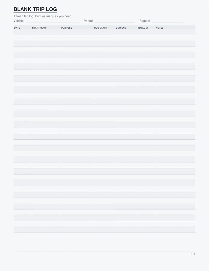Mileage Log printable – page 8 of 8, rendered from Mileage-Log-Letter.pdf