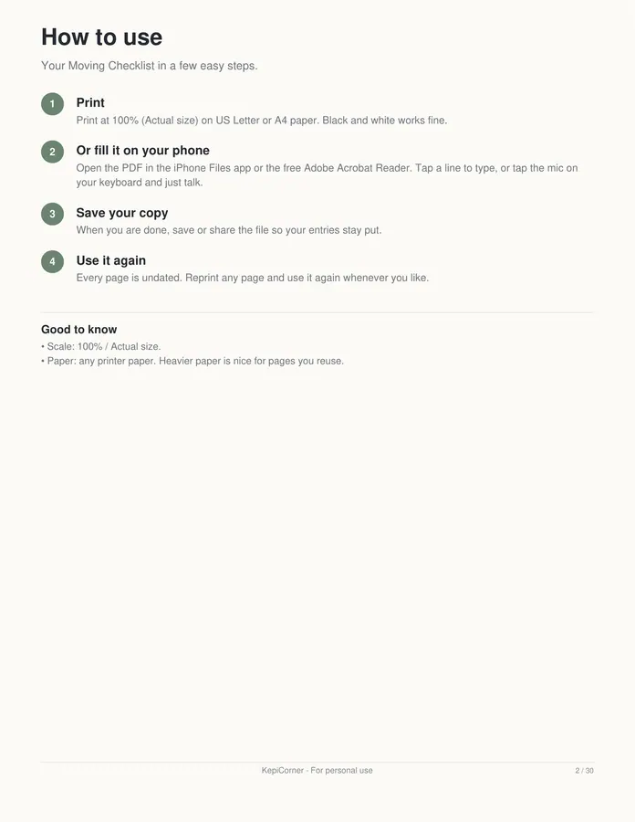 Moving Checklist printable – page 2 of 30, rendered from Moving-Checklist-Planner-Letter.pdf