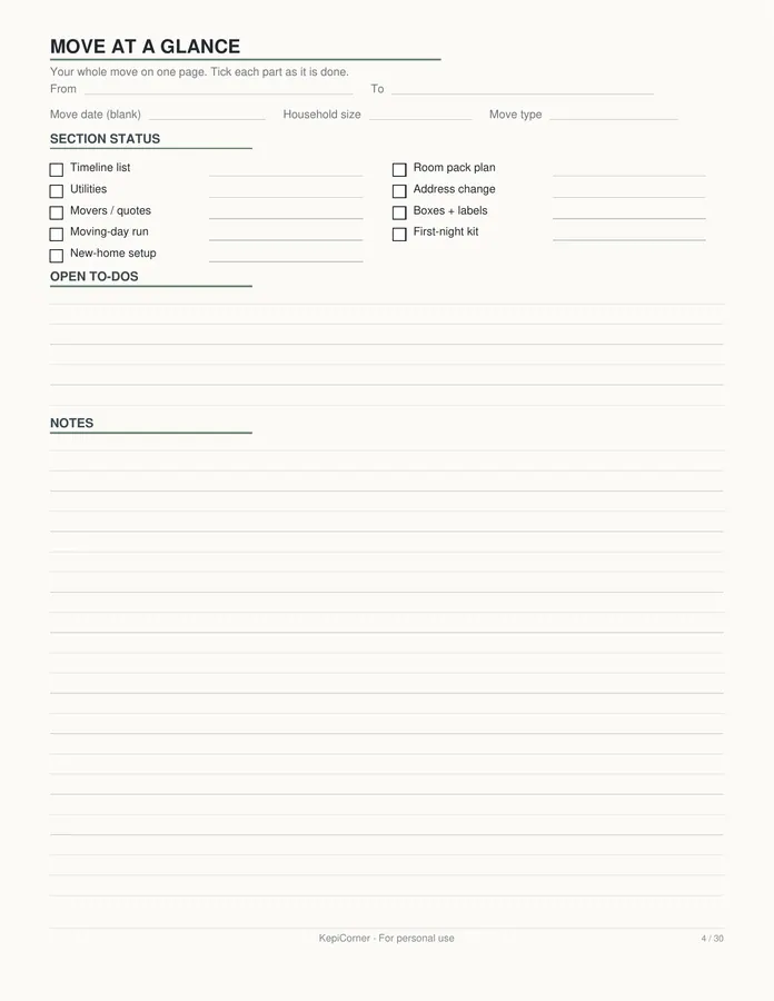 Moving Checklist printable – page 4 of 30, rendered from Moving-Checklist-Planner-Letter.pdf