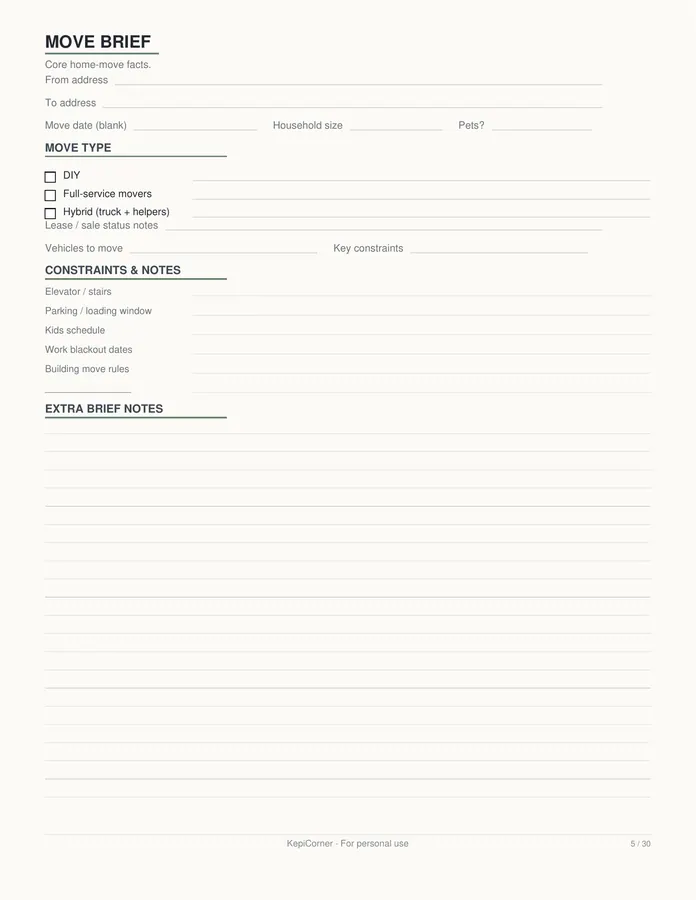 Moving Checklist printable – page 5 of 30, rendered from Moving-Checklist-Planner-Letter.pdf