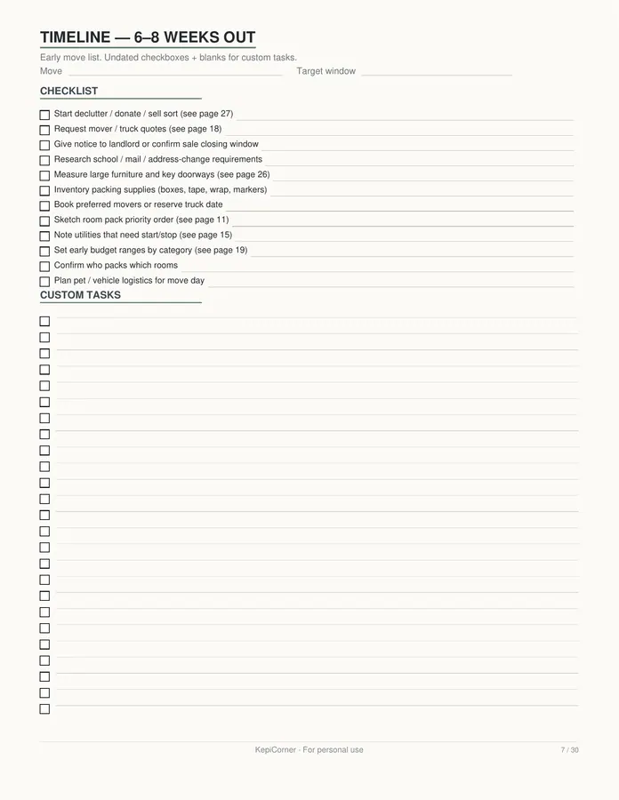 Moving Checklist printable – page 7 of 30, rendered from Moving-Checklist-Planner-Letter.pdf