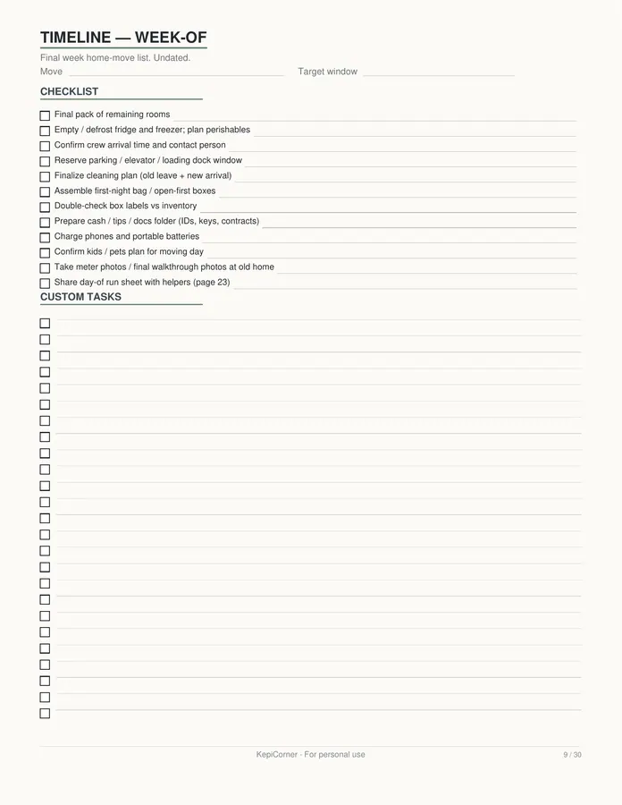 Moving Checklist printable – page 9 of 30, rendered from Moving-Checklist-Planner-Letter.pdf