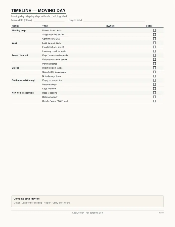 Moving Checklist printable – page 10 of 30, rendered from Moving-Checklist-Planner-Letter.pdf