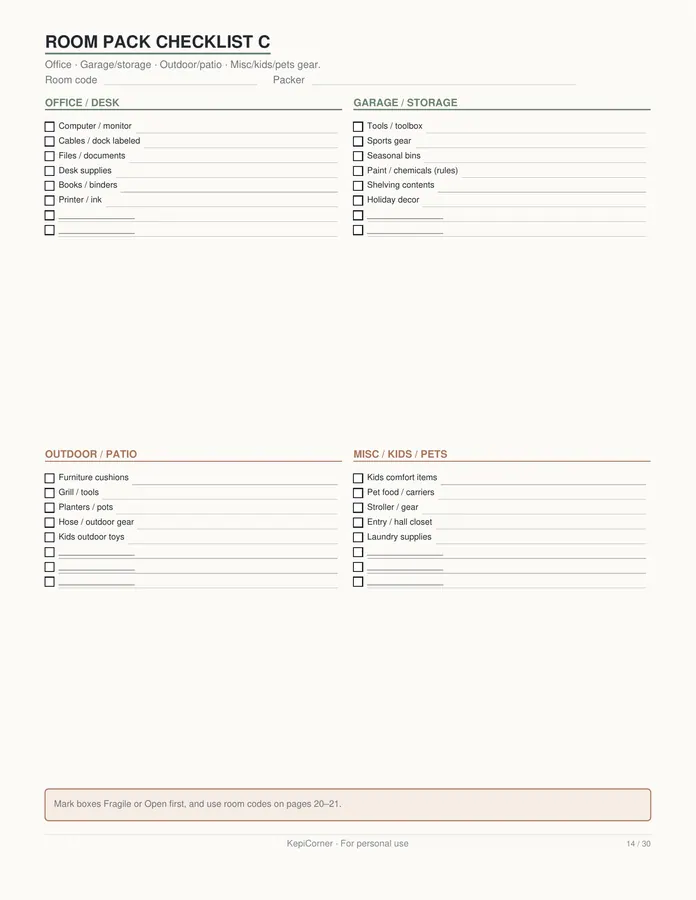 Moving Checklist printable – page 14 of 30, rendered from Moving-Checklist-Planner-Letter.pdf