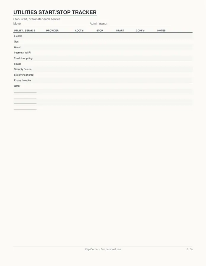 Moving Checklist printable – page 15 of 30, rendered from Moving-Checklist-Planner-Letter.pdf