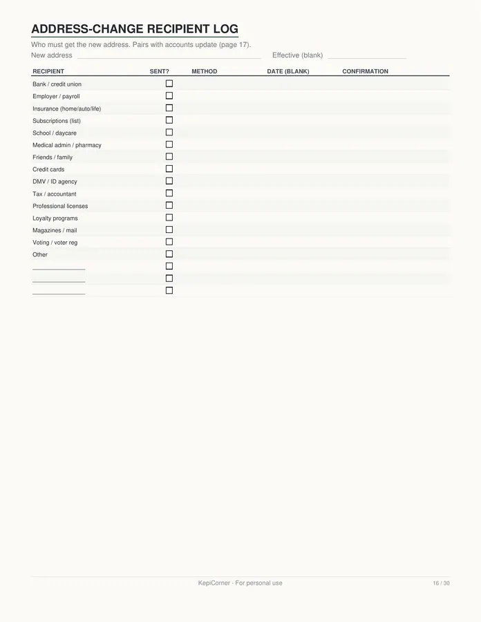 Moving Checklist printable – page 16 of 30, rendered from Moving-Checklist-Planner-Letter.pdf