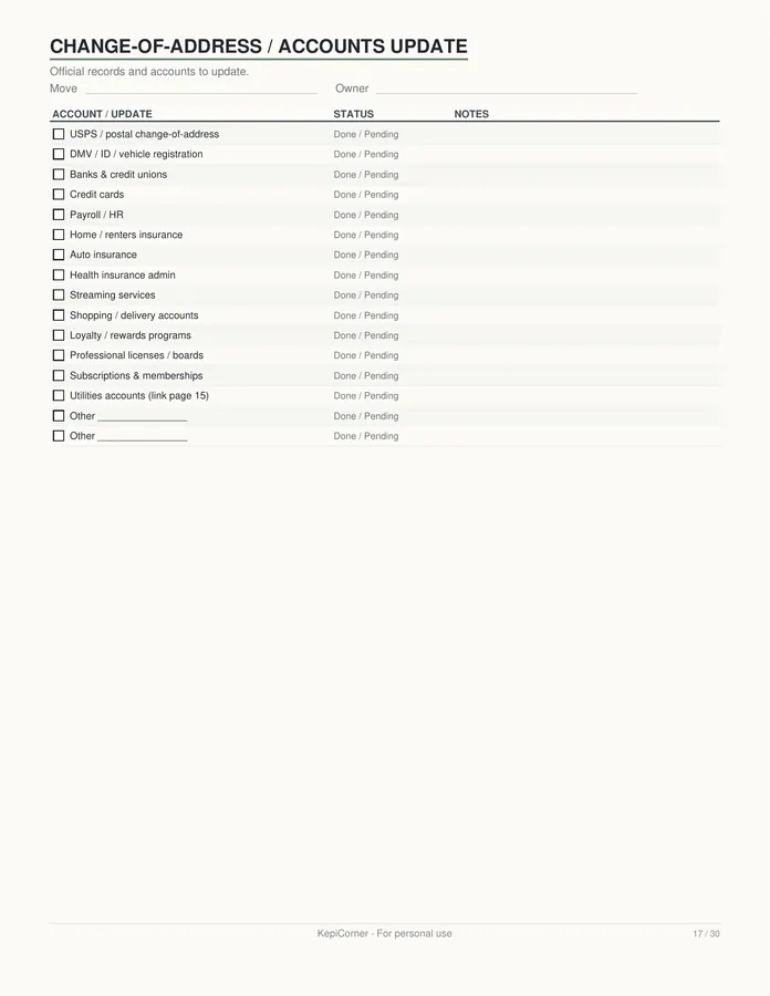 Moving Checklist printable – page 17 of 30, rendered from Moving-Checklist-Planner-Letter.pdf