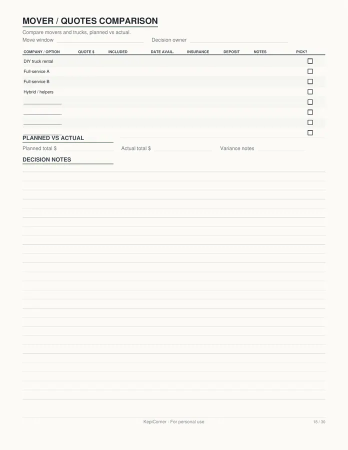 Moving Checklist printable – page 18 of 30, rendered from Moving-Checklist-Planner-Letter.pdf