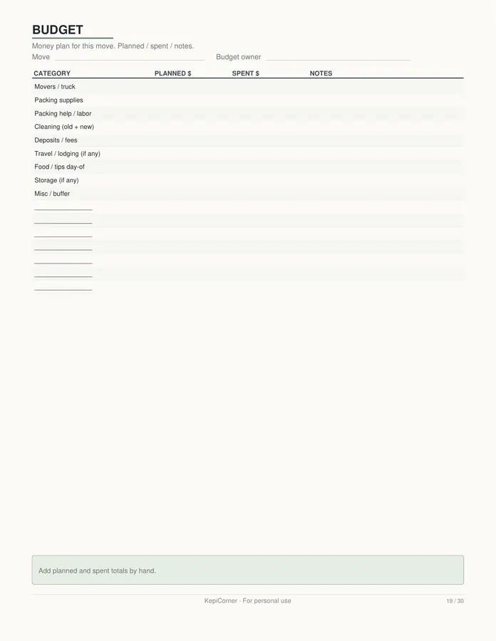 Moving Checklist printable – page 19 of 30, rendered from Moving-Checklist-Planner-Letter.pdf