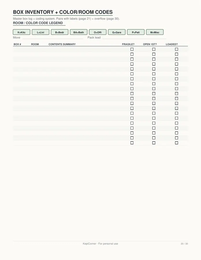 Moving Checklist printable – page 20 of 30, rendered from Moving-Checklist-Planner-Letter.pdf