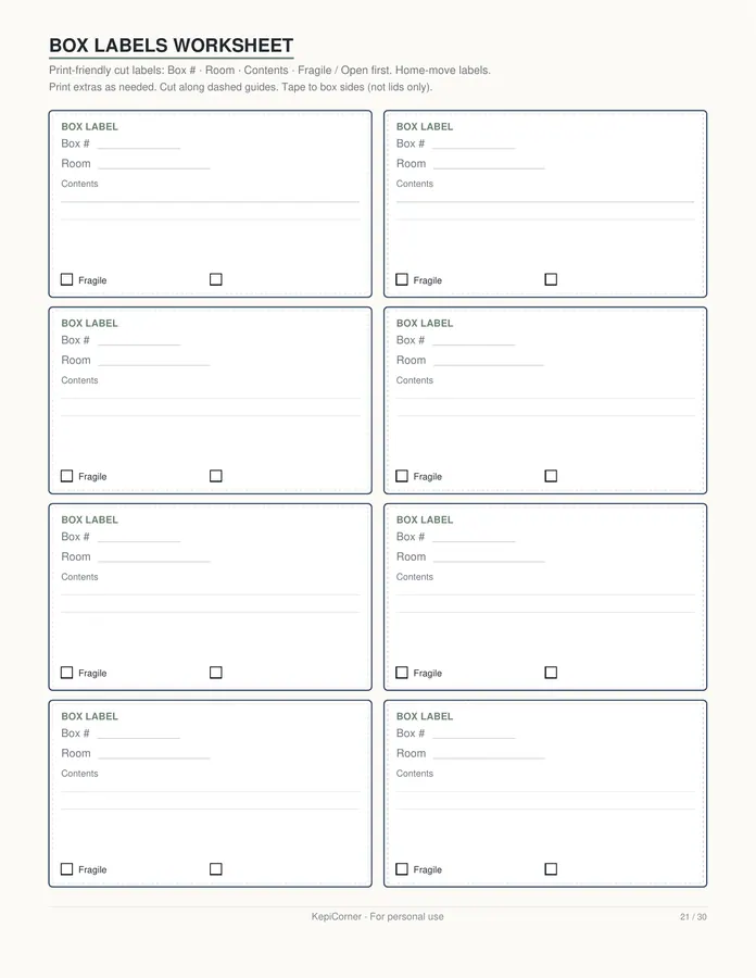 Moving Checklist printable – page 21 of 30, rendered from Moving-Checklist-Planner-Letter.pdf