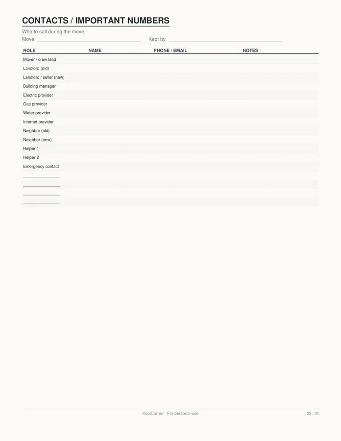 Moving Checklist printable – page 22 of 30, rendered from Moving-Checklist-Planner-Letter.pdf