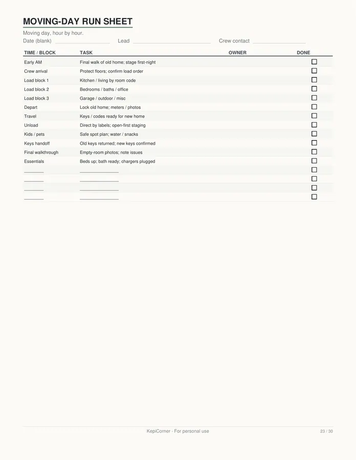 Moving Checklist printable – page 23 of 30, rendered from Moving-Checklist-Planner-Letter.pdf