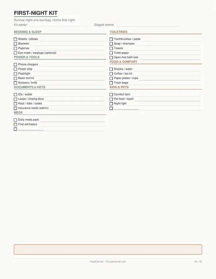 Moving Checklist printable – page 24 of 30, rendered from Moving-Checklist-Planner-Letter.pdf