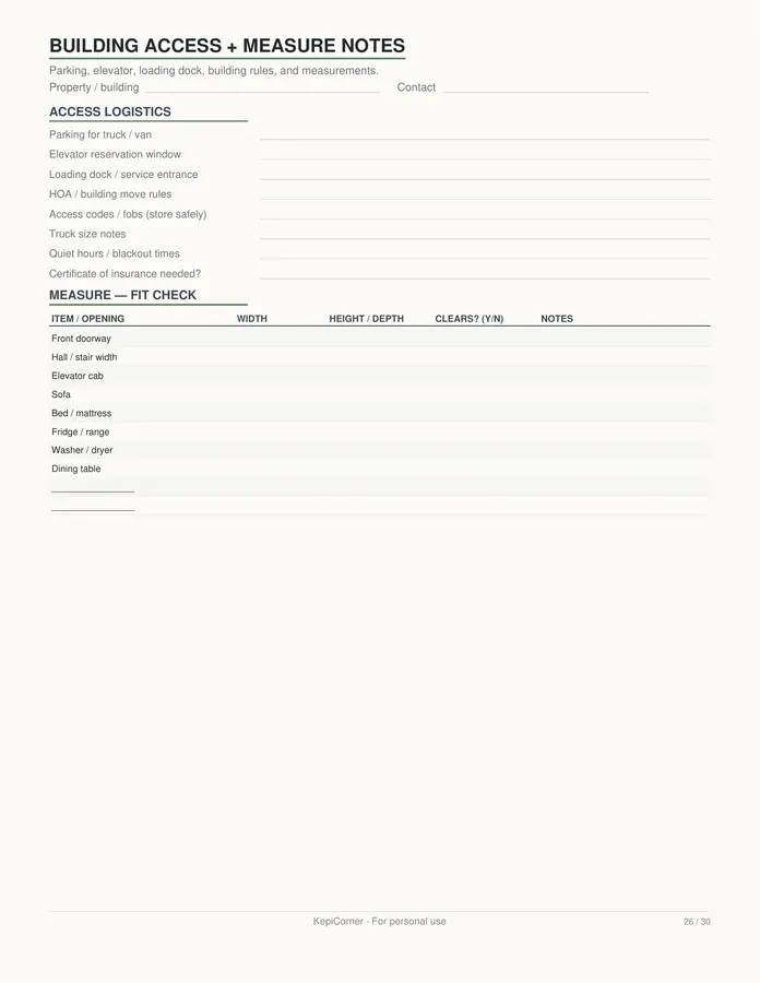 Moving Checklist printable – page 26 of 30, rendered from Moving-Checklist-Planner-Letter.pdf