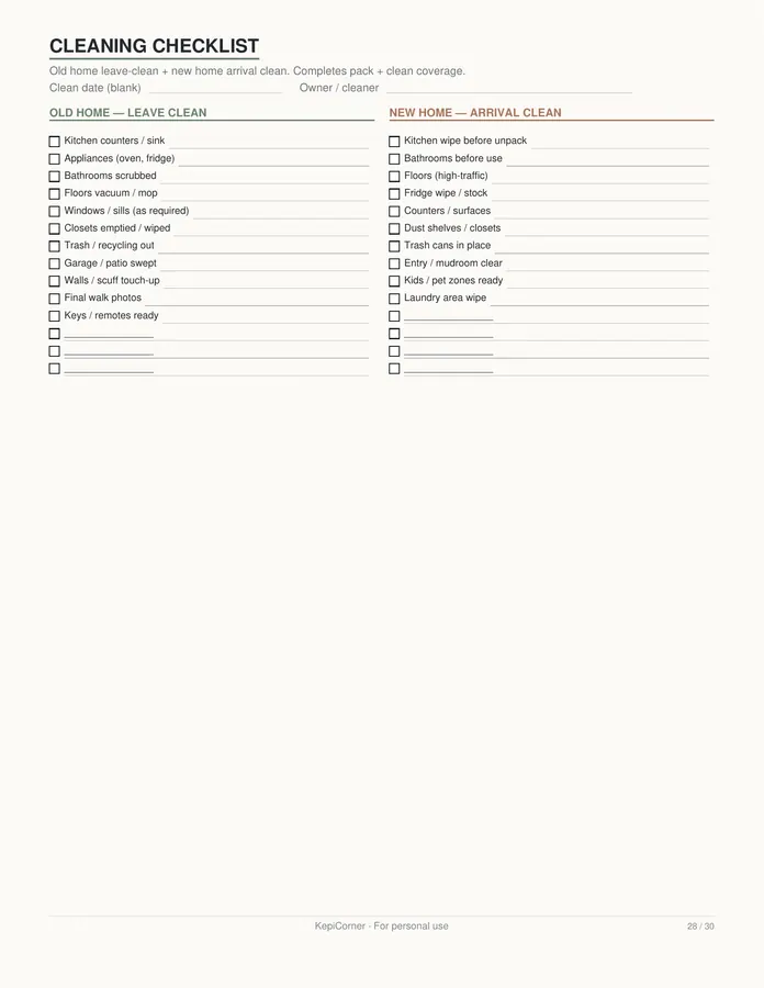Moving Checklist printable – page 28 of 30, rendered from Moving-Checklist-Planner-Letter.pdf