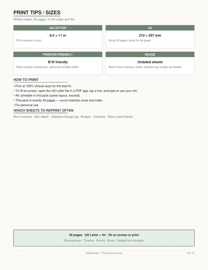 Moving Checklist printable – page 29 of 30, rendered from Moving-Checklist-Planner-Letter.pdf