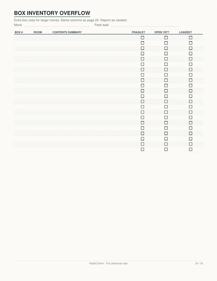 Moving Checklist printable – page 30 of 30, rendered from Moving-Checklist-Planner-Letter.pdf