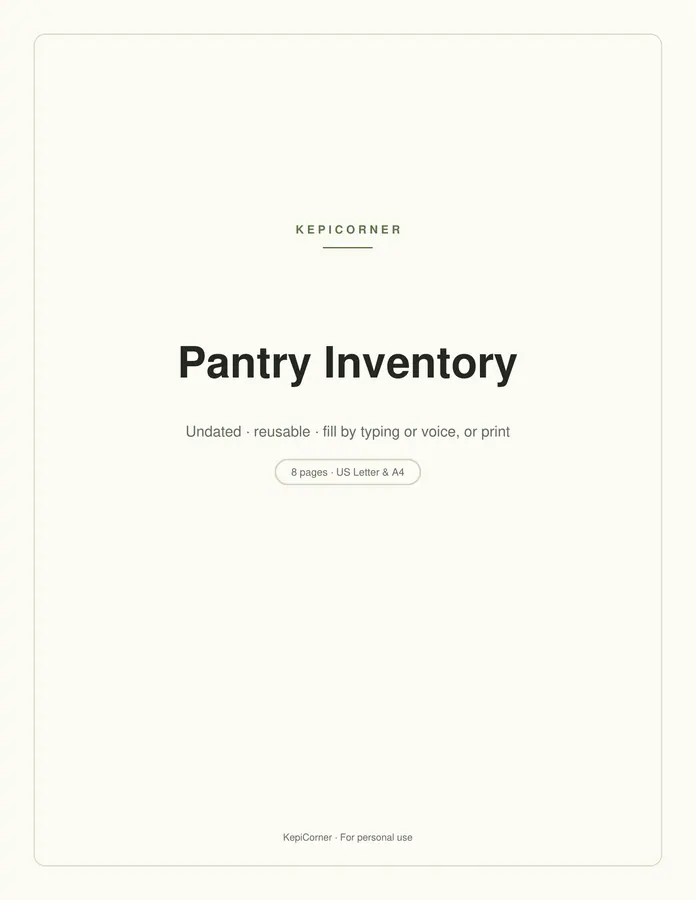 Pantry Inventory Checklist printable – page 1 of 8, rendered from Pantry-Inventory-Letter.pdf
