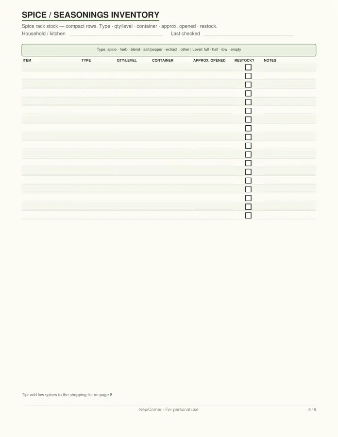 Pantry Inventory Checklist printable – page 6 of 8, rendered from Pantry-Inventory-Letter.pdf