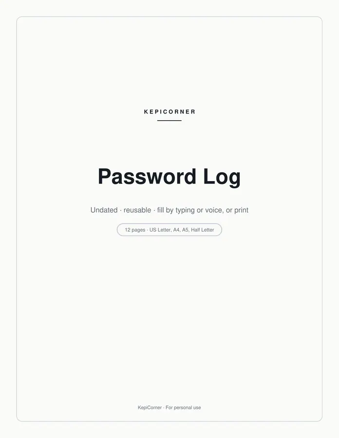 Password Log printable – page 1 of 12, rendered from Password-Log-Pack-Letter.pdf