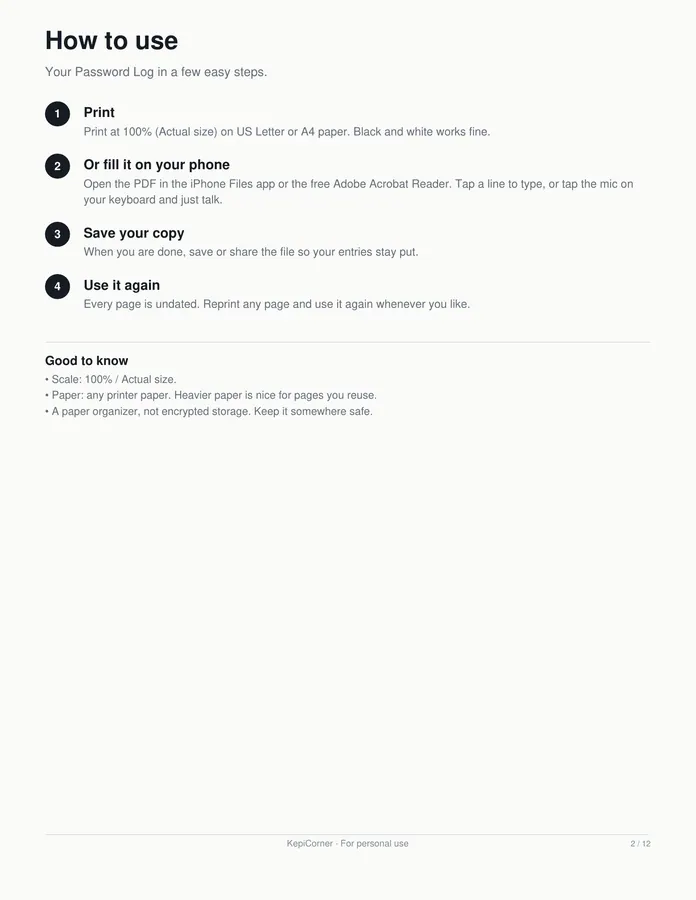 Password Log printable – page 2 of 12, rendered from Password-Log-Pack-Letter.pdf