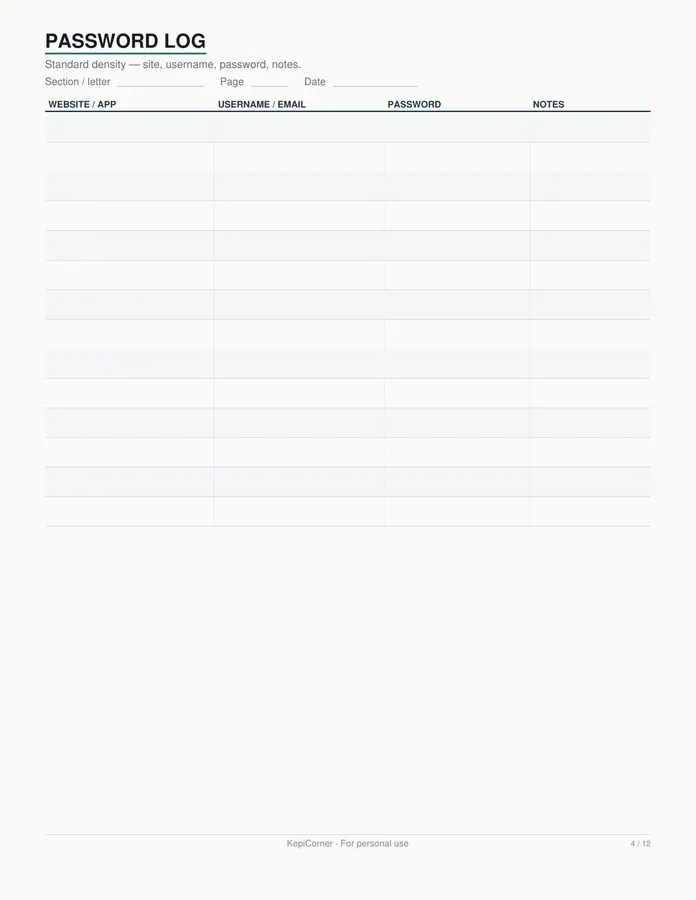Password Log printable – page 4 of 12, rendered from Password-Log-Pack-Letter.pdf