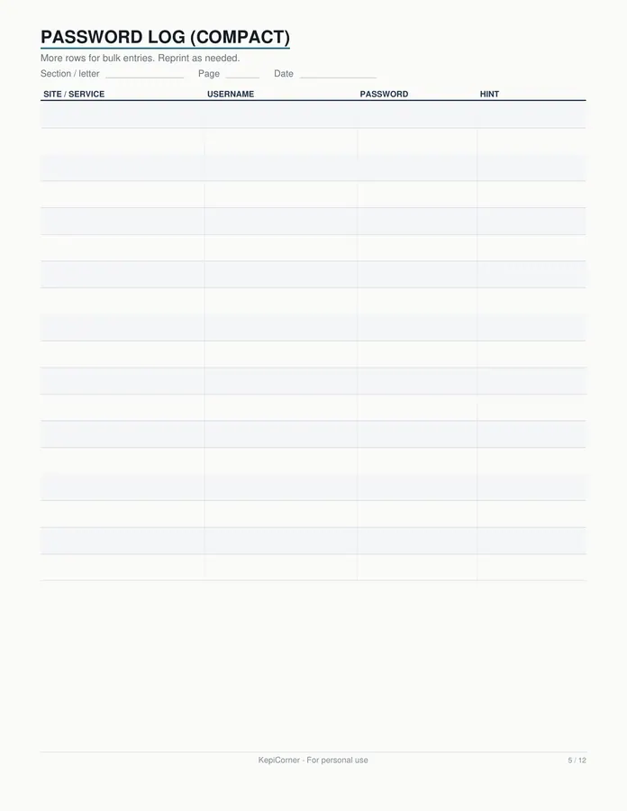 Password Log printable – page 5 of 12, rendered from Password-Log-Pack-Letter.pdf