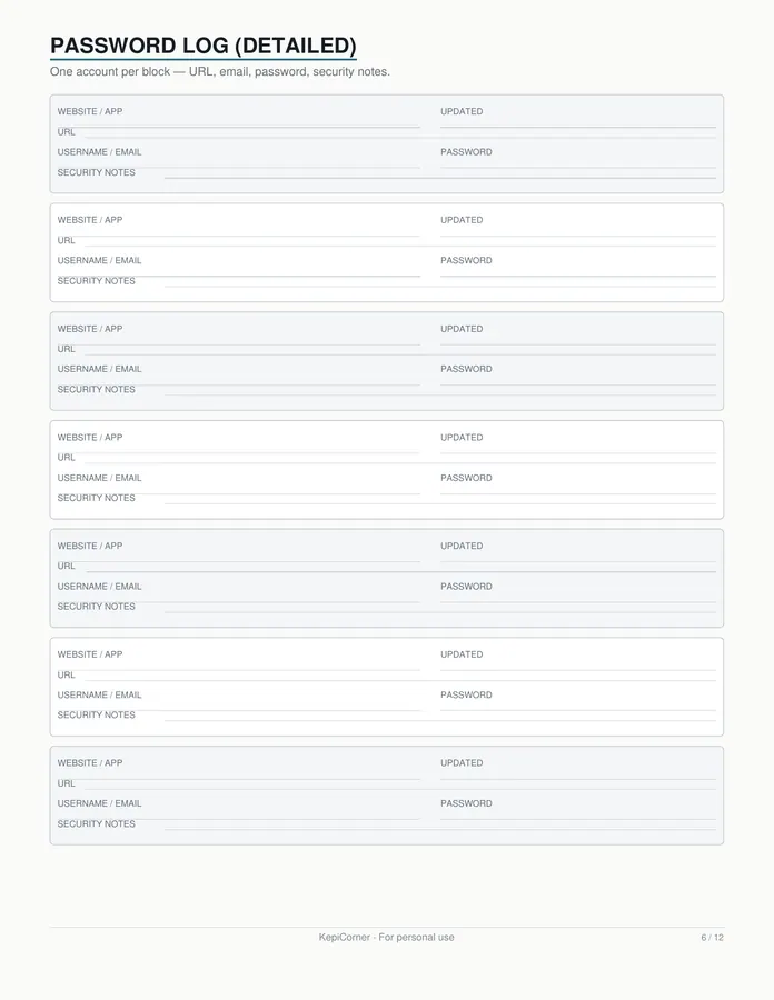 Password Log printable – page 6 of 12, rendered from Password-Log-Pack-Letter.pdf
